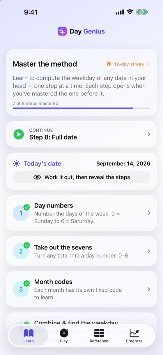 The Learn tab: 7 of 8 steps mastered with a 12-day streak, a Continue card for Step 8: Full date, today’s date to work out, and the first steps checked off.