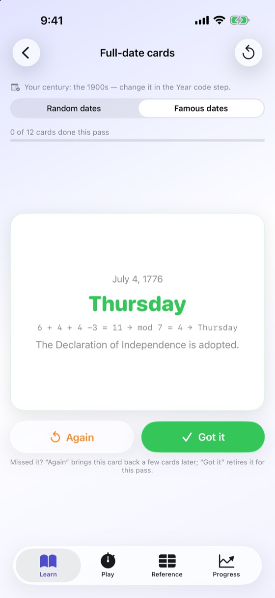 A Famous dates flashcard turned over: July 4, 1776, was a Thursday, worked out as 6 + 4 + 4 − 3 = 11, mod 7 = 4, with the note “The Declaration of Independence is adopted.”
