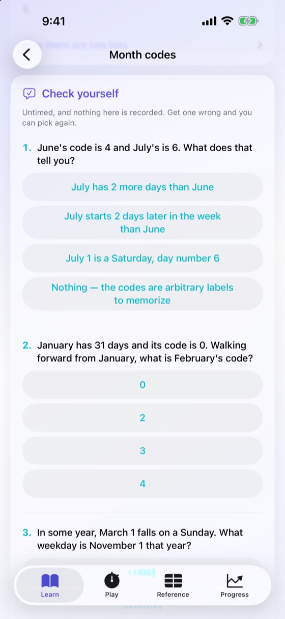 The Month codes step’s Check yourself card, asking “June’s code is 4 and July’s is 6. What does that tell you?” with four answers to choose from.