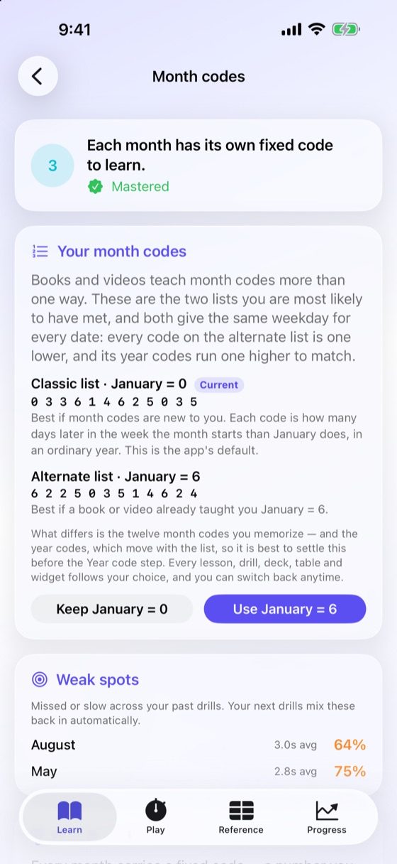 The Your month codes card in the Month codes lesson, showing the classic list (January = 0) and the alternate list (January = 6) with all twelve codes each, and buttons to keep January = 0 or use January = 6.