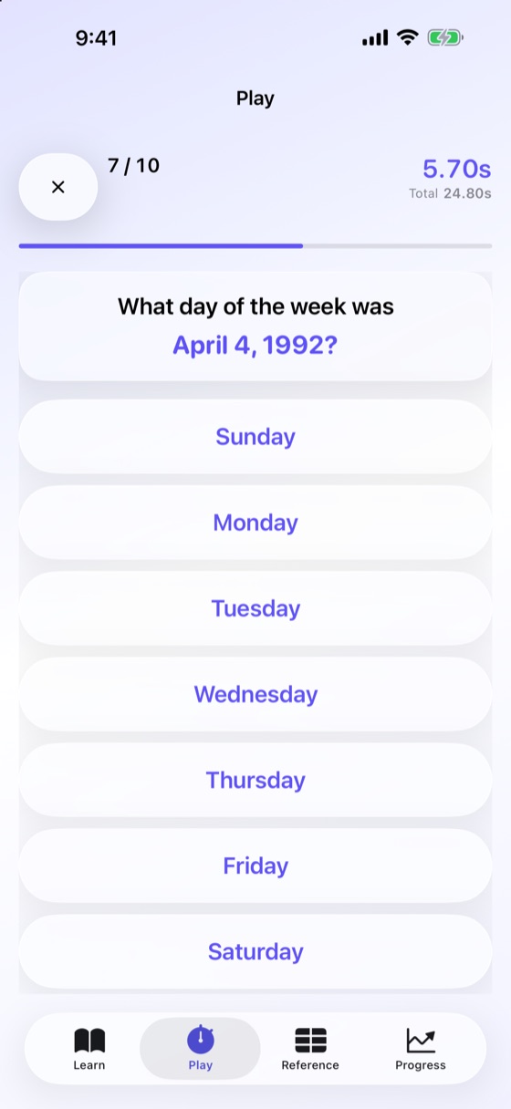 A Speed Round on question 7 of 10, asking what day of the week April 4, 1992, was, with a 5.70-second question timer, the total time and a button for each weekday.